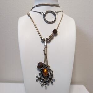 Layered Beaded Charm and Ring Pendant Necklaces Set